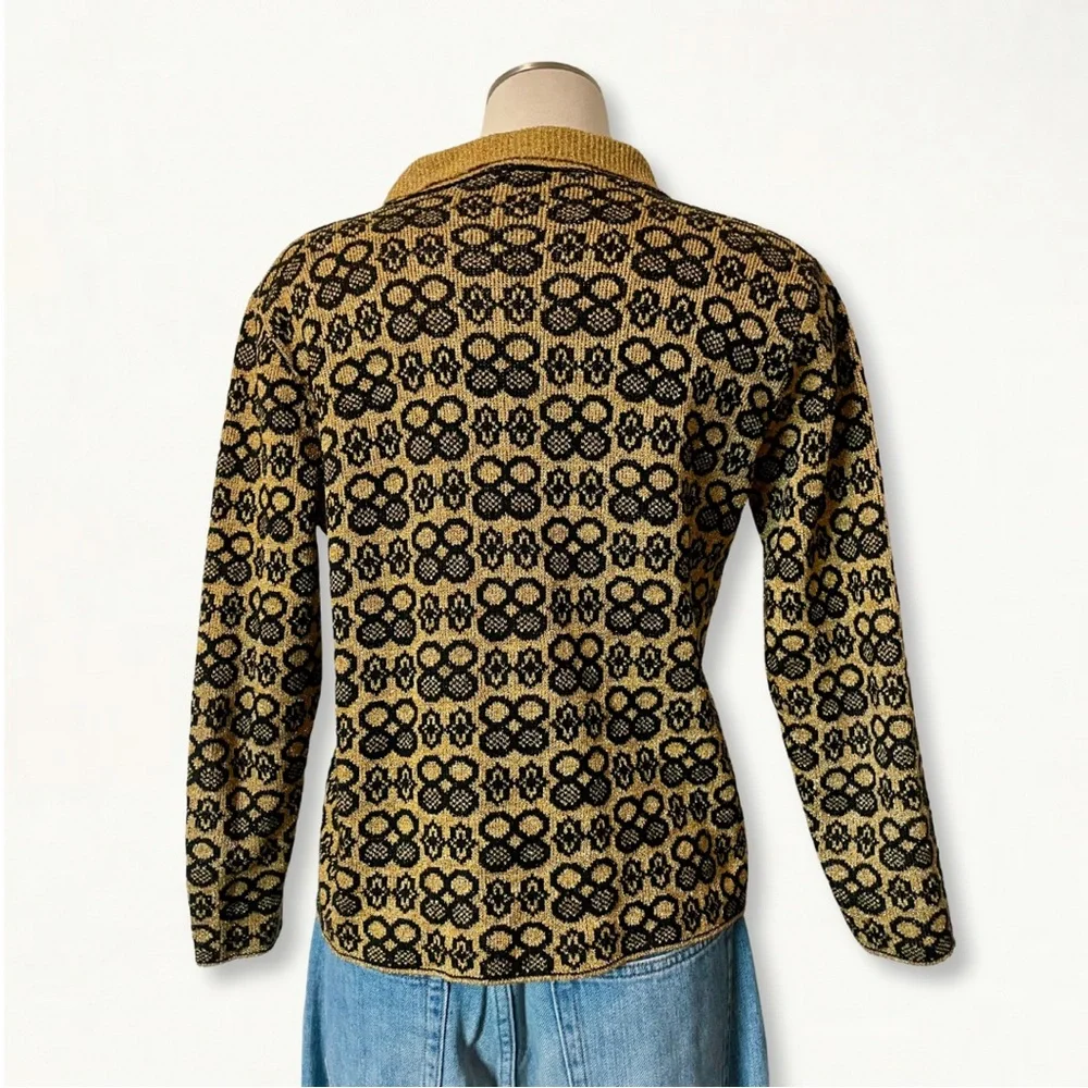 Vintage 60s 70s Gold and Black Metallic Lurex Collared Cardigan Sweater - Picture 5 of 10